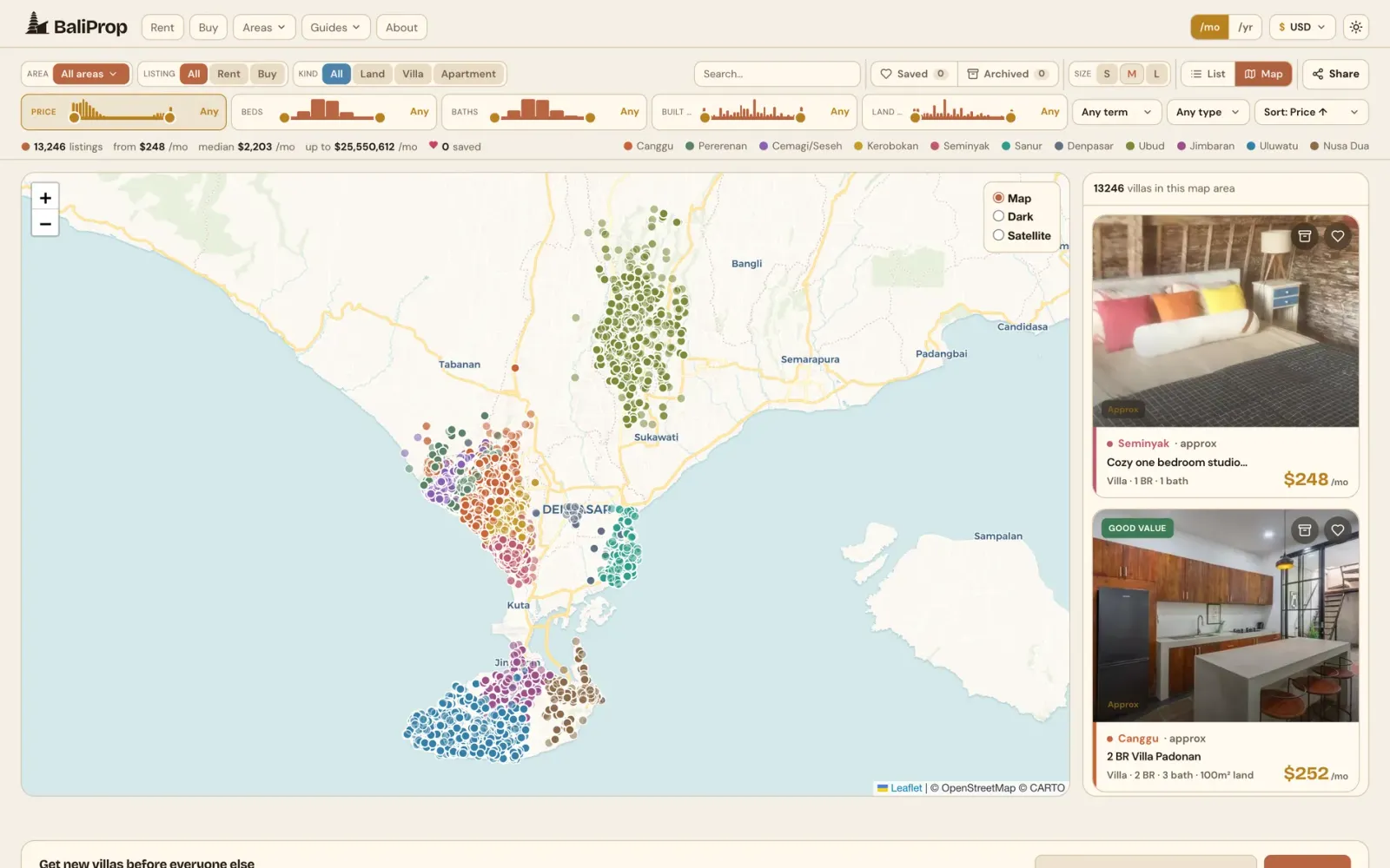 The map view: every listing clustered across the island, coloured by area