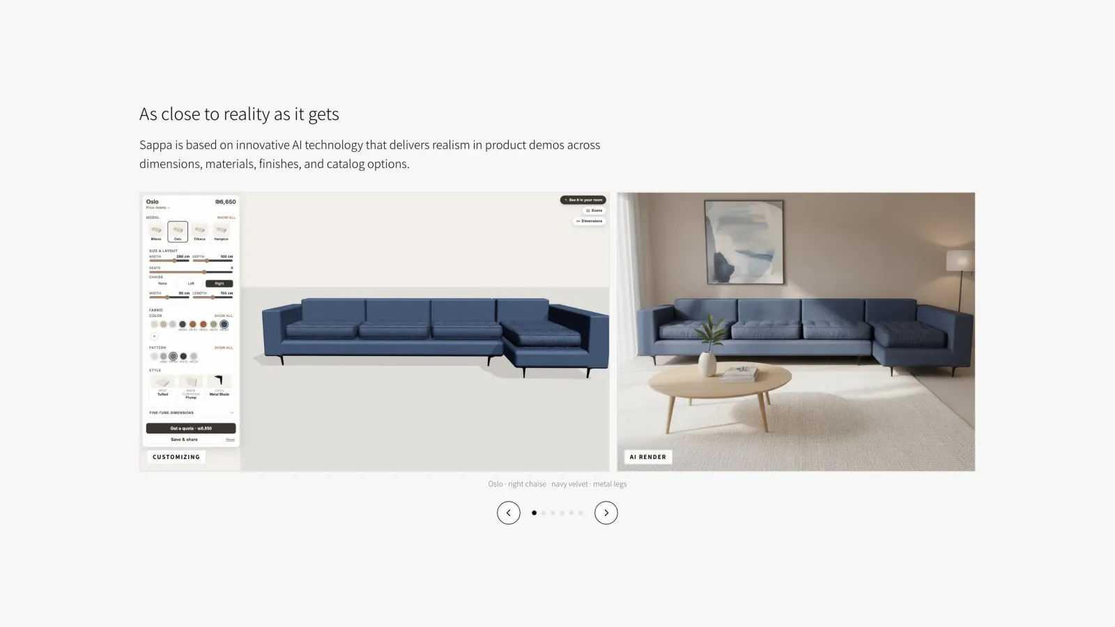The same sofa as configured and as an AI room render, side by side