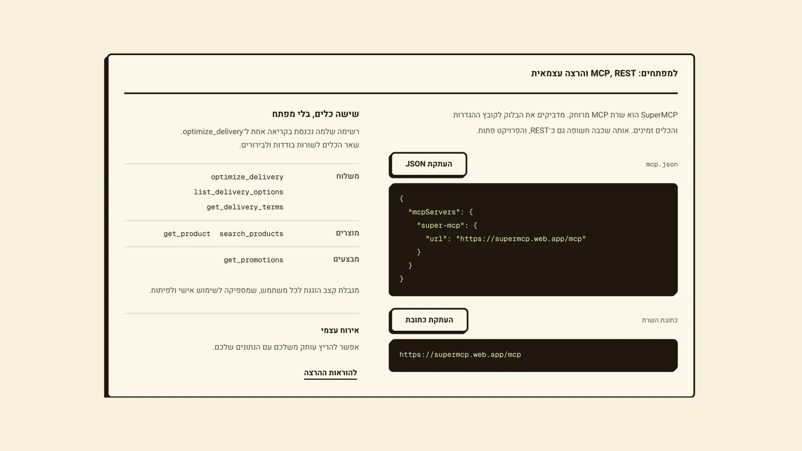 The developer block, MCP config, REST layer and the six tools the server exposes