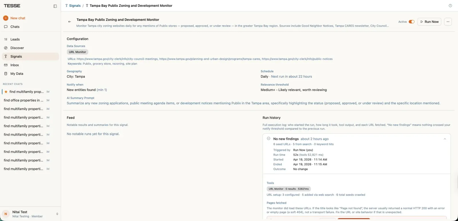 Signals: permits, dockets and filings clustered into deduped stories tied to properties